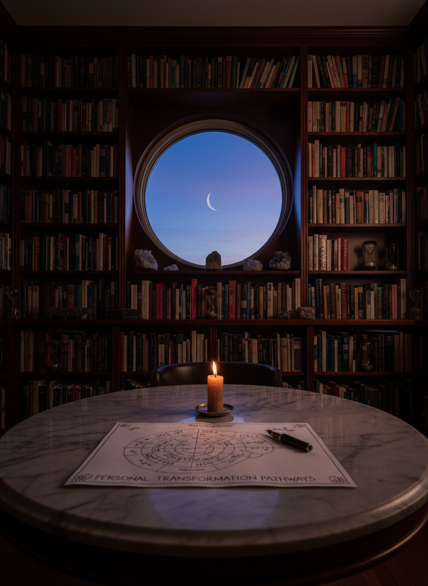 A dimly lit library-style consultation space with floor-to-ceiling dark wood bookshelves filled with meticulously arranged volumes on spirituality, healing, and global cultures. At the center stands a round marble-topped table, holding an open hand-drawn chart of personal transformation pathways, a fountain pen, and a single lit beeswax candle casting a warm glow. Behind the table, a large circular window reveals a twilight sky with a faint crescent moon, subtly mirrored on the polished table surface. Small crystals and antique hourglasses are tucked among the books, hinting at deep, time-honored knowledge. Photographic realism, low-angle shot with the table in the foreground and shelves rising dramatically behind, creating an intimate, contemplative atmosphere suited for private guidance and advanced spiritual training.