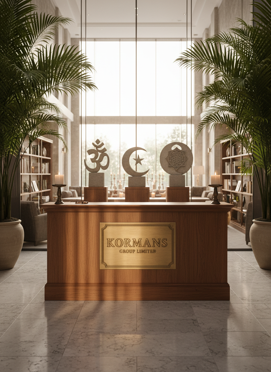 A polished wooden reception desk in a tranquil boutique hotel lobby, with an intricate brass logo plaque reading “Kormans Group Limited” inset into the front panel. The desk is surrounded by tall indoor palms and subtle stone sculptures representing global spiritual traditions, all arranged on a smooth limestone floor. Soft morning sunlight filters through expansive floor-to-ceiling windows, creating gentle reflections on the glossy wood and brass surfaces. The atmosphere is serene and welcoming, suggesting both luxury hospitality and spiritual retreat. Photographic realism, shot at eye level with a centered composition and shallow depth of field, keeping the logo and nearby textures crisp while the distant lounge seating, candles, and bookshelves fall into a warm, inviting blur.
