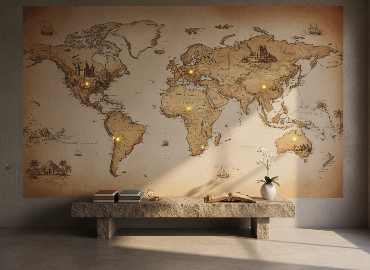 An intricately detailed world map mural spanning a contemporary studio wall, with softly glowing points of light marking sacred destinations across continents: secluded monasteries in mountains, desert sanctuaries, lush jungle retreats, and oceanfront healing resorts. Below the mural, a low stone bench holds neatly arranged travel journals, a brass compass, a vintage leather-bound itinerary, and a white orchid in a minimalist ceramic vase. Diffused, golden-hour lighting from an unseen window grazes the wall, enhancing textures and making the illuminated locations subtly shimmer. The mood is aspirational and contemplative, suggesting curated spiritual journeys. Photographic realism, wide-angle shot with rule-of-thirds composition, sharp focus throughout to clearly show map details, objects, and subtle shadows on the smooth concrete floor.