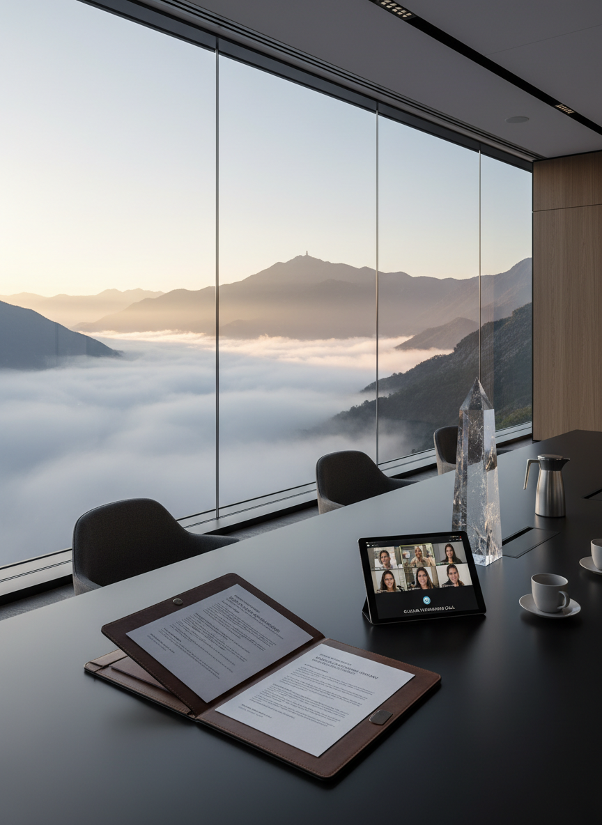 A sleek, modern boardroom overlooking a mist-covered mountain range at dawn, viewed through a continuous floor-to-ceiling glass wall. On a large matte-black conference table lies an open leather portfolio displaying a detailed retreat planning document, beside a tablet showing a virtual meeting interface and a slim crystal obelisk used as a symbolic centerpiece. The early morning light spills over the peaks, sending a soft golden glow through the glass and creating a subtle reflection on the table’s surface. The mood is visionary and strategic, emphasizing thoughtful leadership in spiritual tourism. Photographic realism, shot from a slightly elevated angle with asymmetrical framing, sharp focus on the tabletop objects while the distant mountains and sky softly blur, establishing depth and quiet ambition.