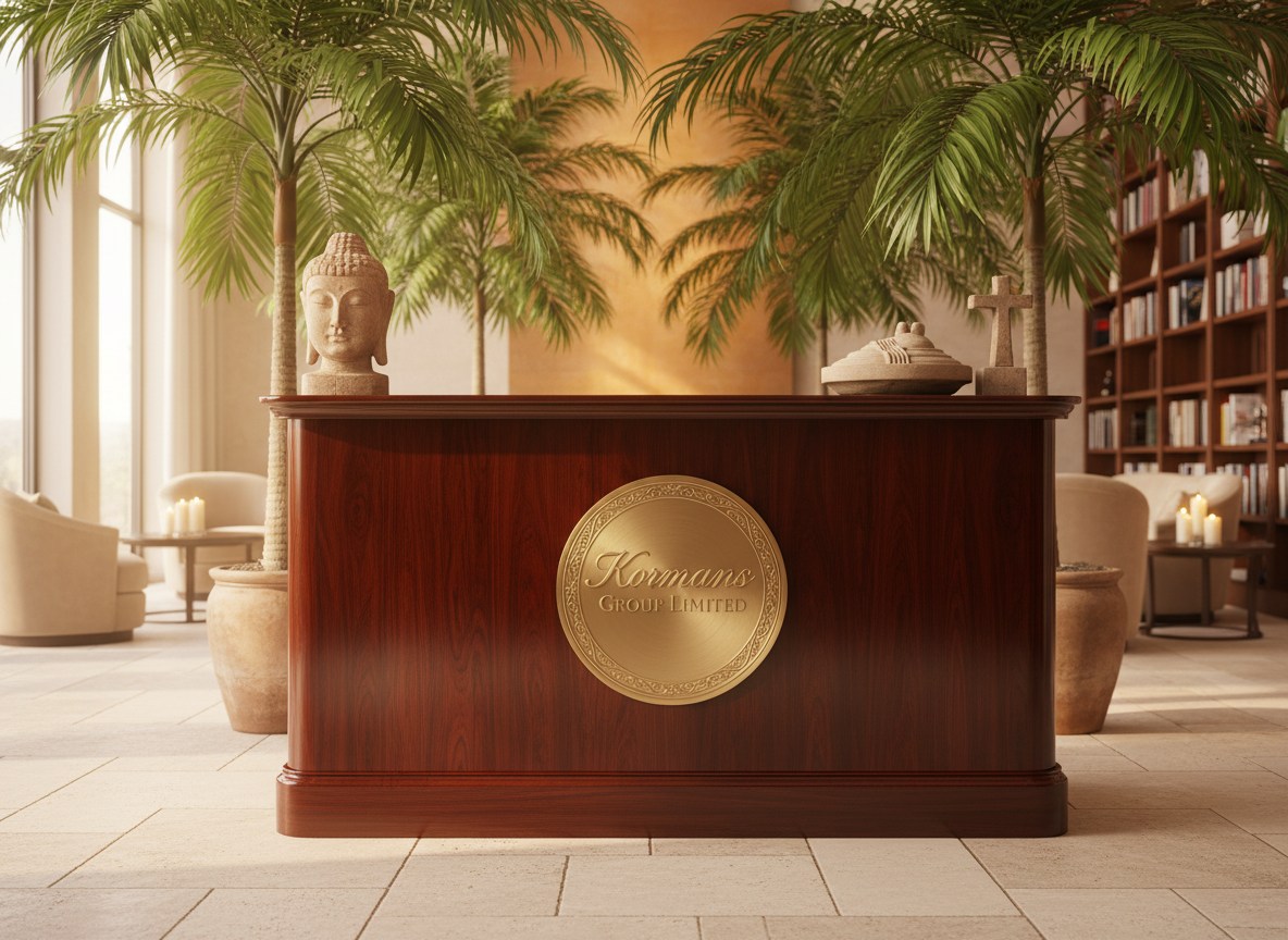 A polished wooden reception desk in a tranquil boutique hotel lobby, with an intricate brass logo plaque reading “Kormans Group Limited” inset into the front panel. The desk is surrounded by tall indoor palms and subtle stone sculptures representing global spiritual traditions, all arranged on a smooth limestone floor. Soft morning sunlight filters through expansive floor-to-ceiling windows, creating gentle reflections on the glossy wood and brass surfaces. The atmosphere is serene and welcoming, suggesting both luxury hospitality and spiritual retreat. Photographic realism, shot at eye level with a centered composition and shallow depth of field, keeping the logo and nearby textures crisp while the distant lounge seating, candles, and bookshelves fall into a warm, inviting blur.